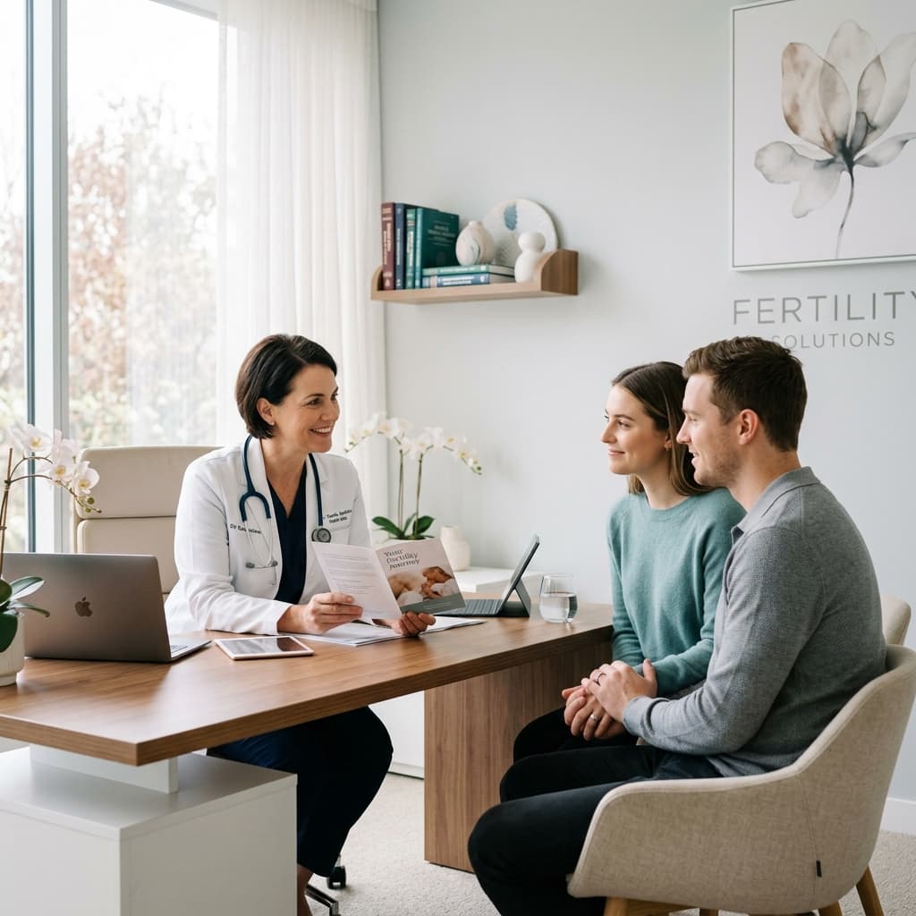 Fertility specialist consulting a couple at an Asian IVF awareness camp