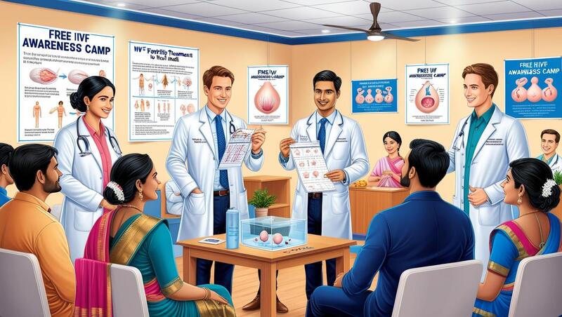 Doctors consulting couples at a free IVF awareness camp