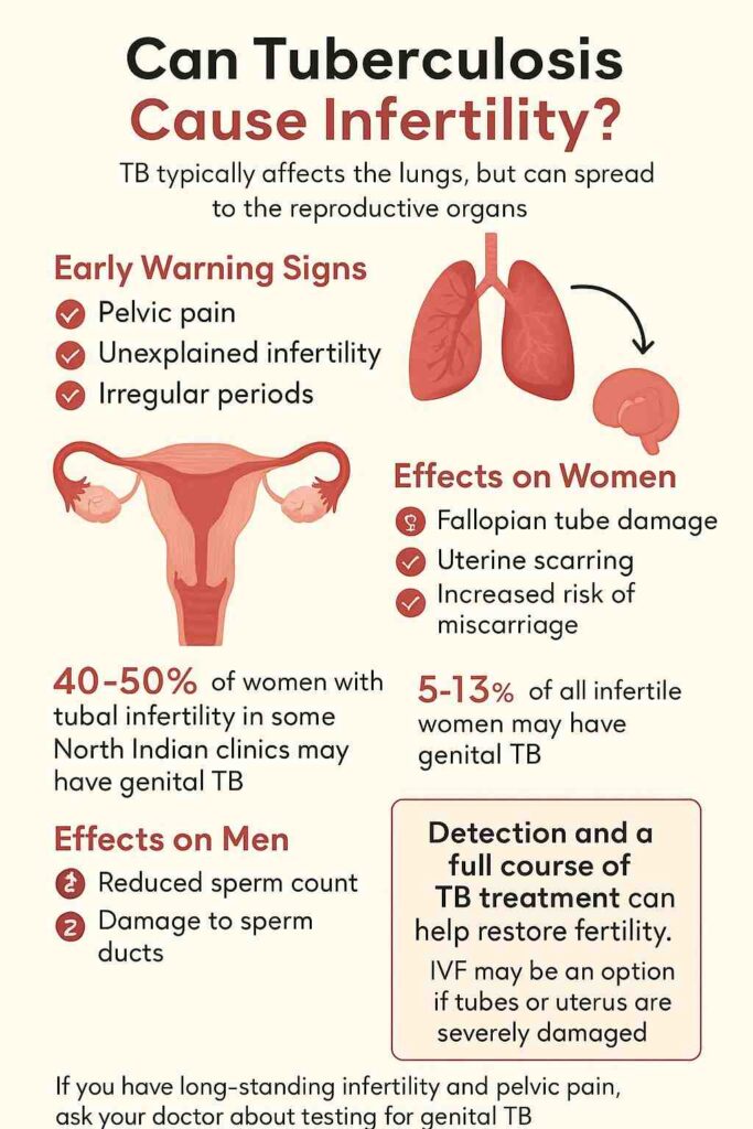 Visual summary of tuberculosis and infertility causes, including fallopian tube TB, uterine TB, male fertility issues, diagnosis and treatment options